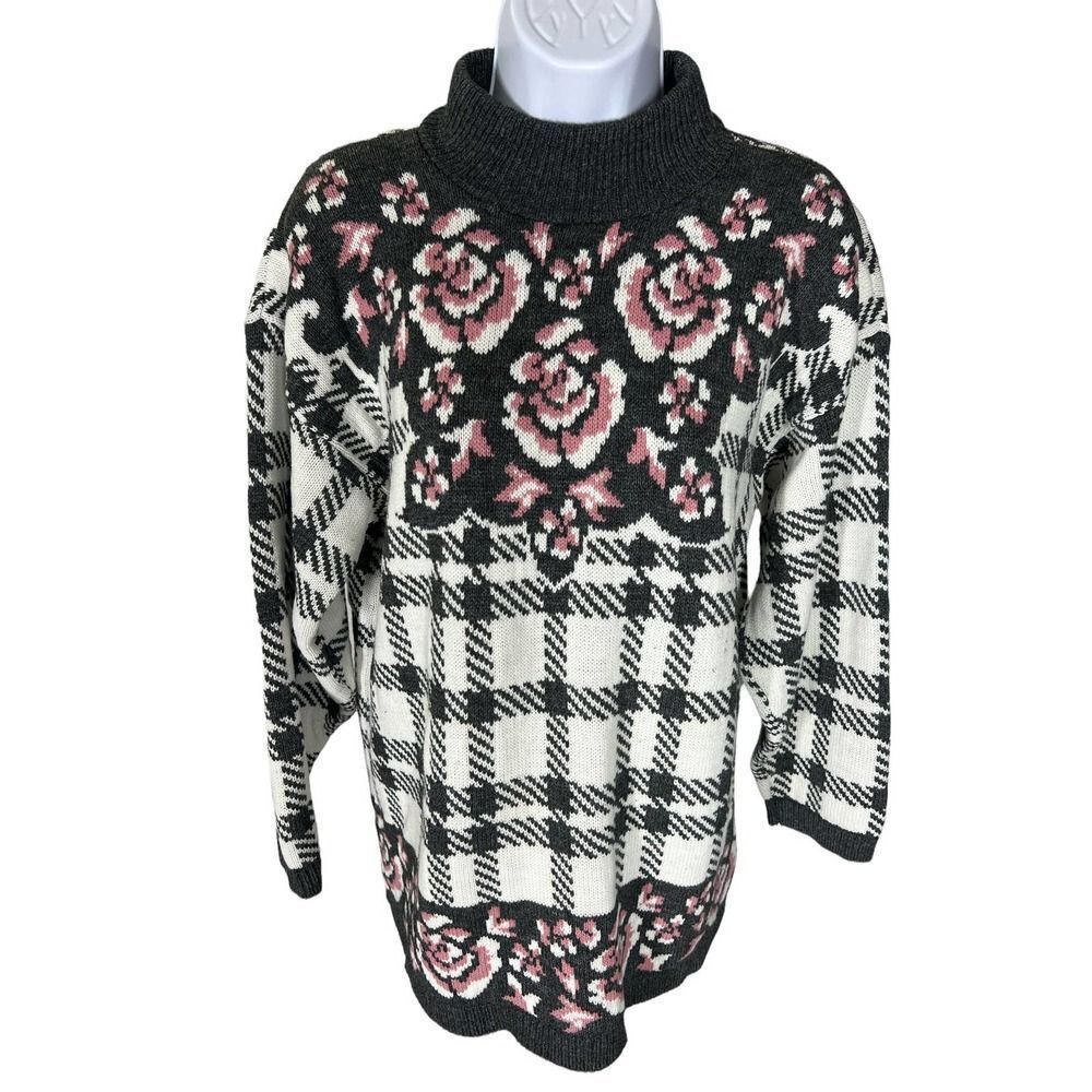 Vintage 80’s Sweater Exchange Plaid Floral Printed Pullover Sweater Size Small
